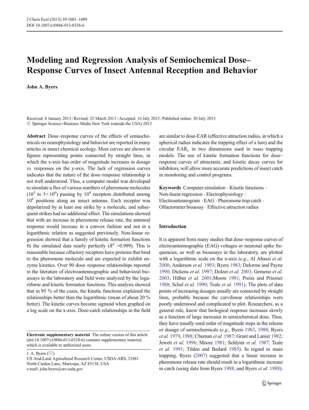 Modeling and Regression Analysis of Semiochemical Dose– Response Curves of Insect Antennal Reception and Behavior