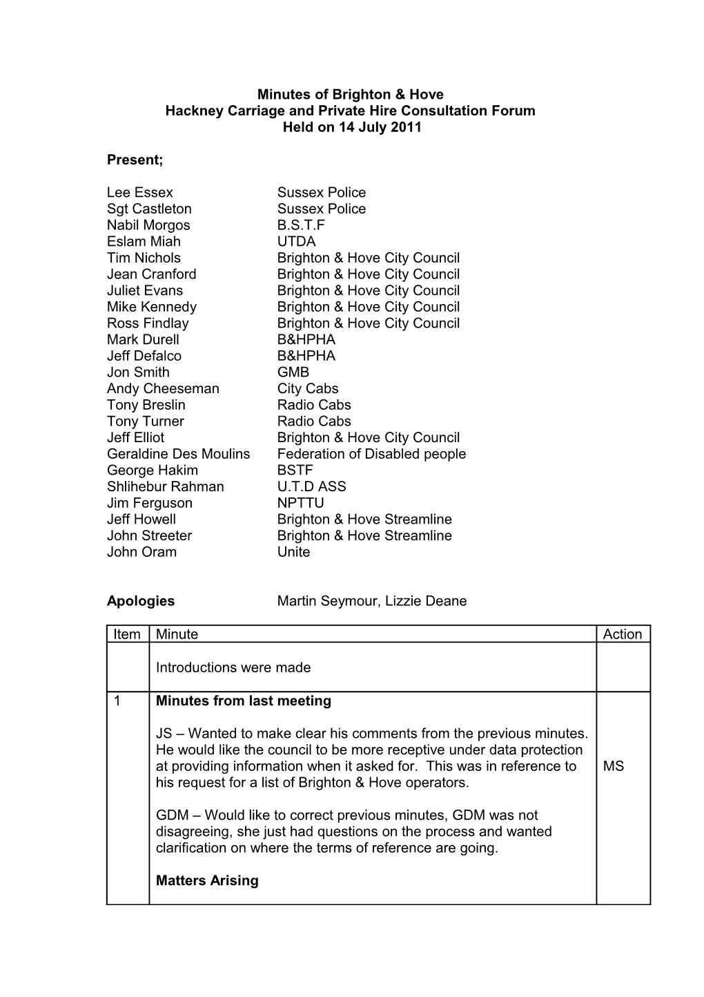 Brighton & Hove Hackney Carriage and Private Hire Consultation Forum Minutes - 17/06/2011