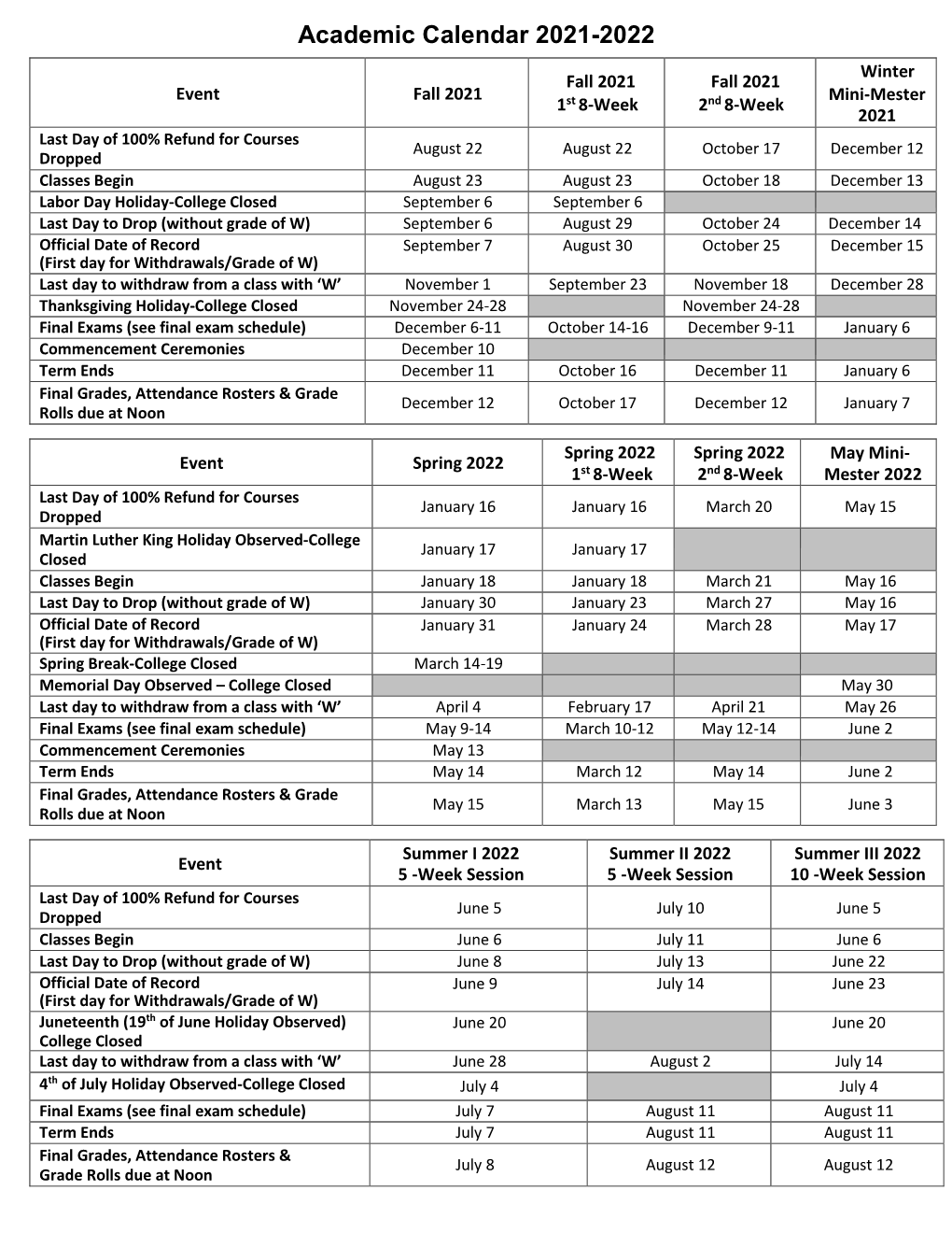 Academic Calendar 2021-2022