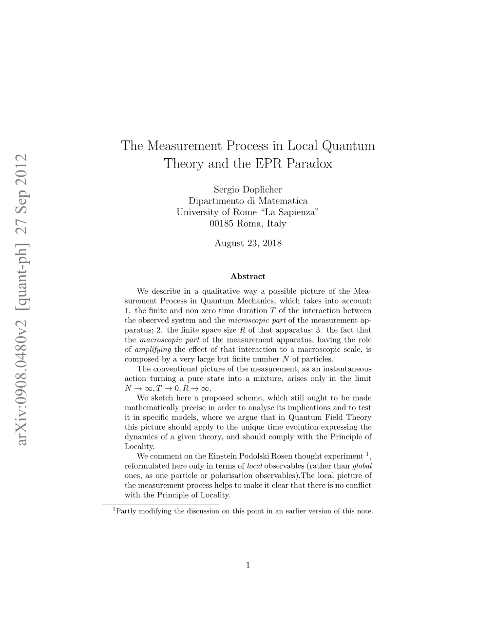 The Measurement Process in Local Quantum Theory and the EPR