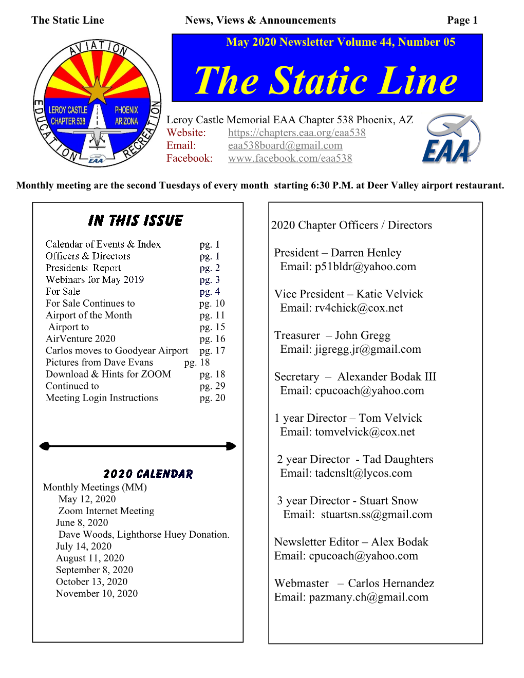The Static Line News, Views & Announcements Page 1 May 2020 Newsletter Volume 44, Number 05 the Static Line