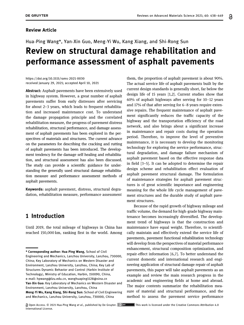 Review on Structural Damage Rehabilitation and Performance Assessment of Asphalt Pavements