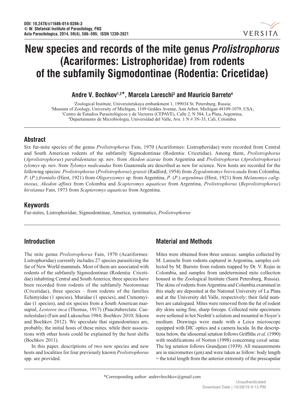 Acariformes: Listrophoridae) from Rodents of the Subfamily Sigmodontinae (Rodentia: Cricetidae)