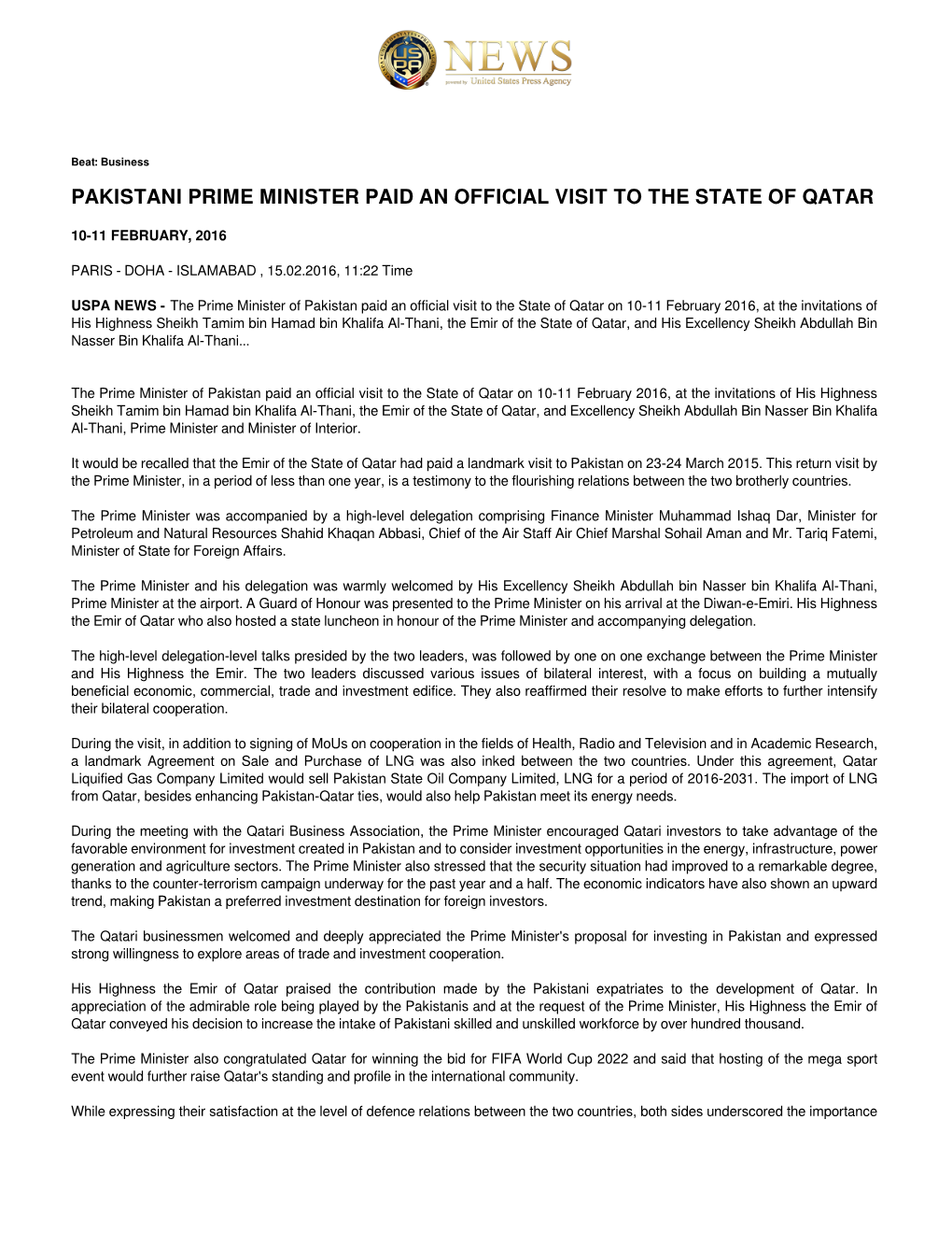 Pakistani Prime Minister Paid an Official Visit to the State of Qatar