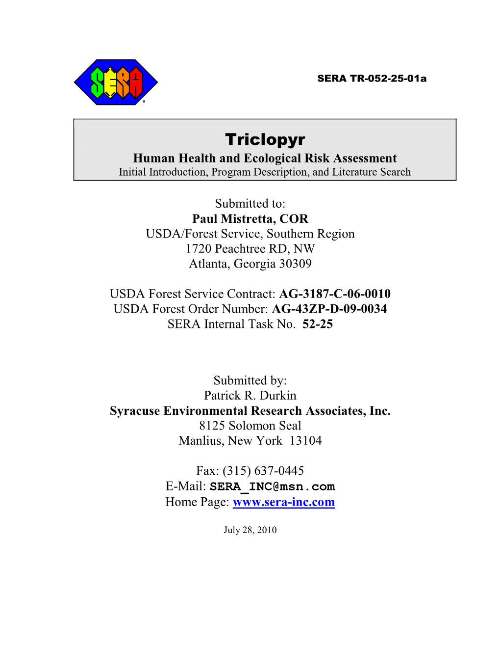 Triclopyr Human Health and Ecological Risk Assessment Initial Introduction, Program Description, and Literature Search