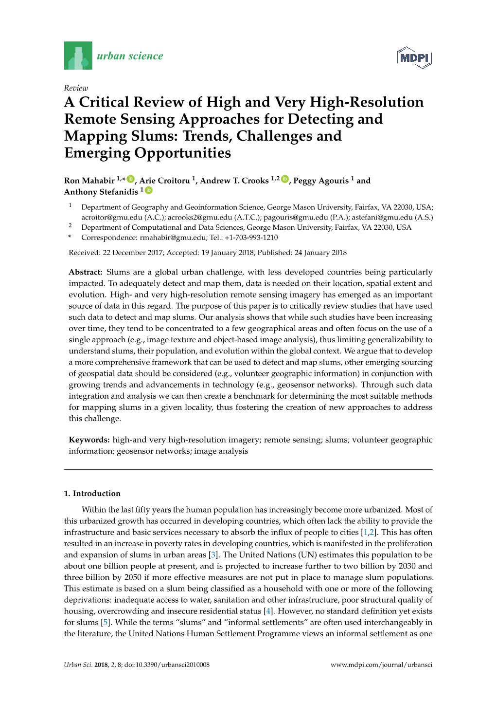 A Critical Review of High and Very High-Resolution Remote Sensing Approaches for Detecting and Mapping Slums: Trends, Challenges and Emerging Opportunities
