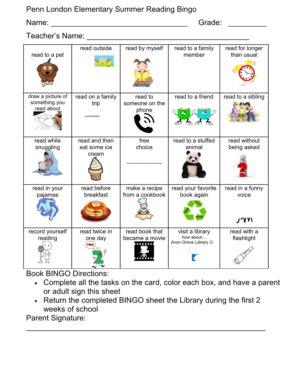 Penn London Elementary Summer Reading Bingo