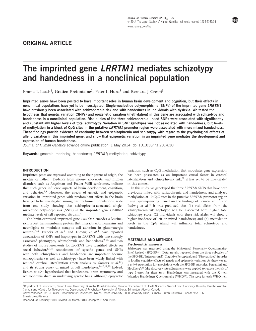 The Imprinted Gene LRRTM1 Mediates Schizotypy and Handedness in a Nonclinical Population