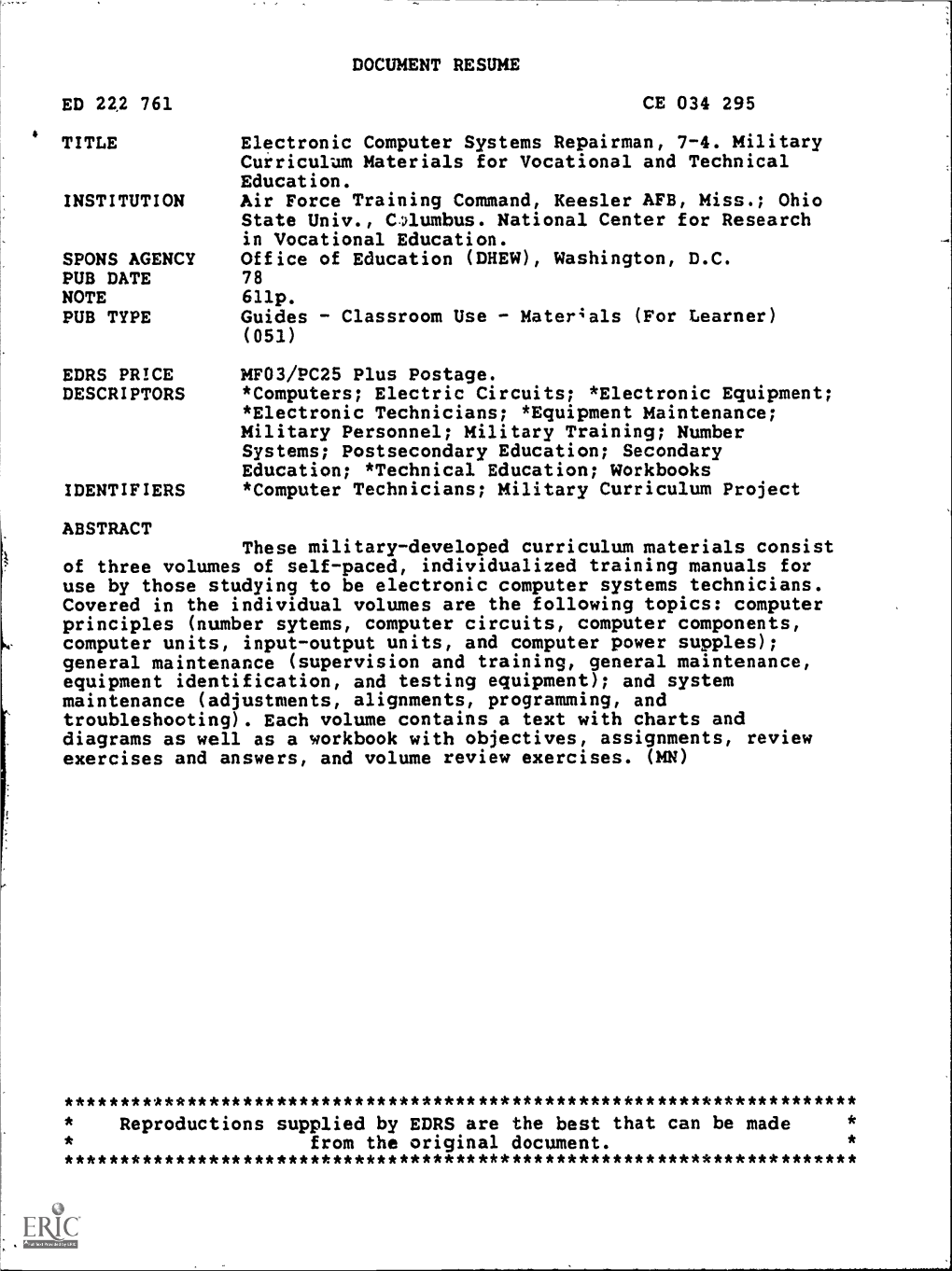 DOCUMENT RESUME CE 034 295 Electronic Computer Systems