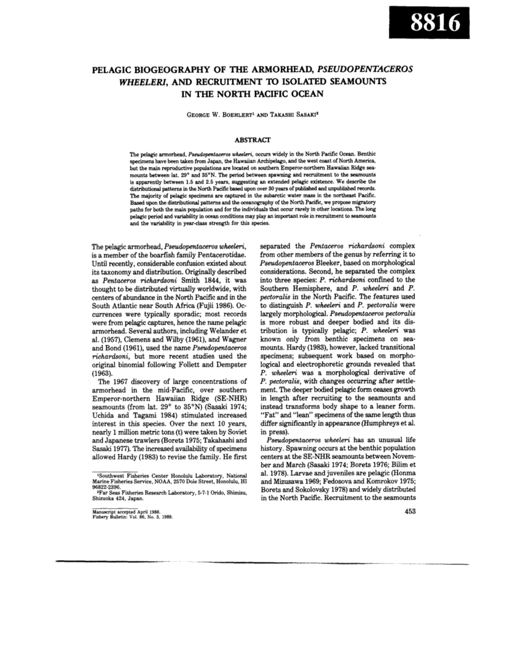 Pelagic Biogeography of the Armorhead, Pseudopentaceros Wheeleri, and Recruitment to Isolated Seamounts in the North Pacific Ocean