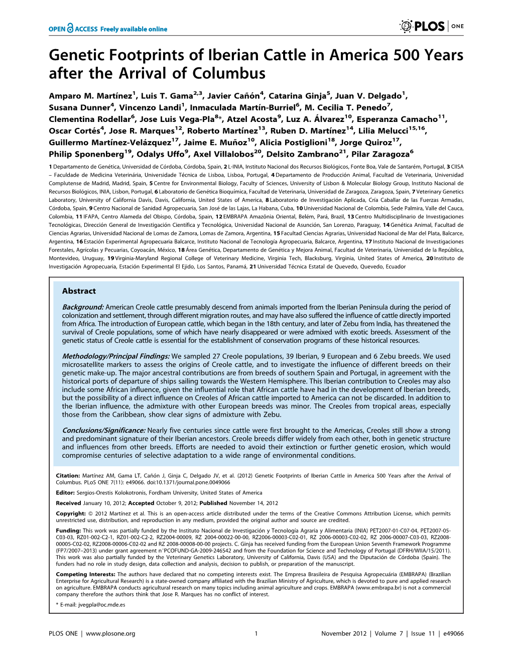 Genetic Footprints of Iberian Cattle in America 500 Years After the Arrival of Columbus