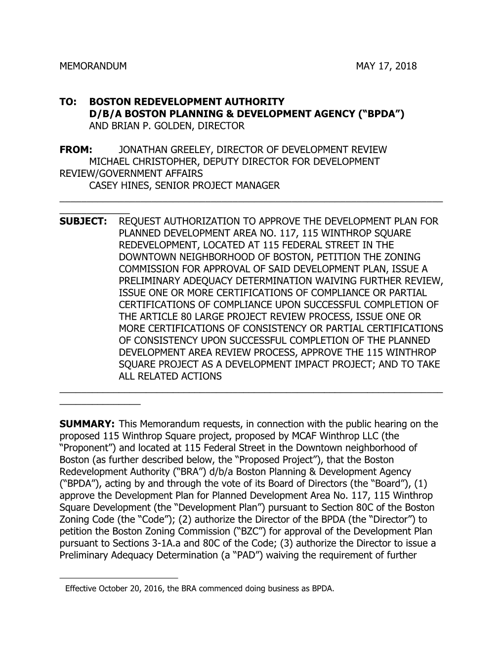 Winthrop Square BPDA Board Memo 5.15.18