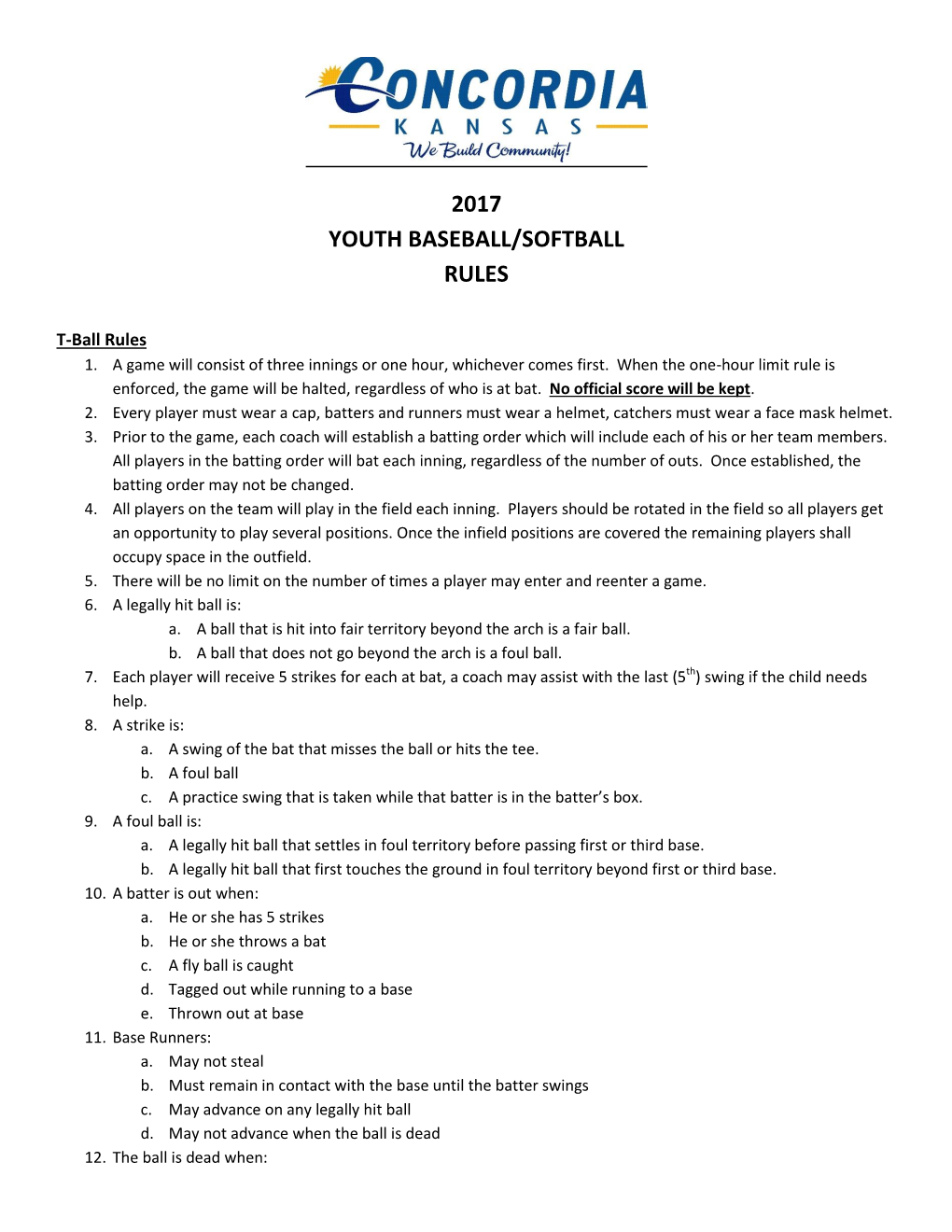 2017 Youth Baseball/Softball Rules