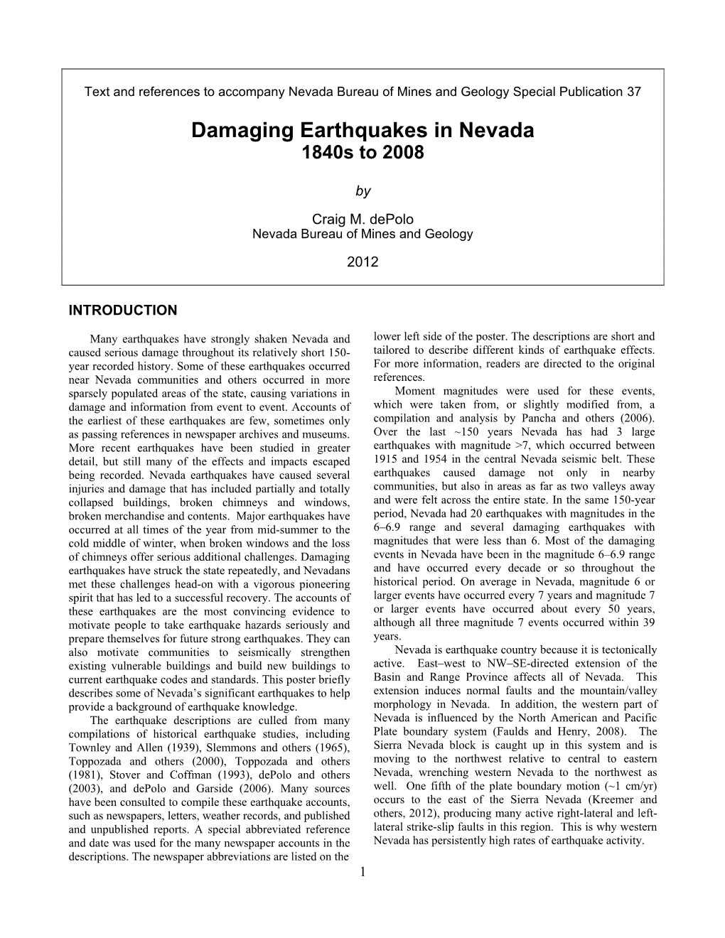 Damaging Earthquakes in Nevada 1840S to 2008