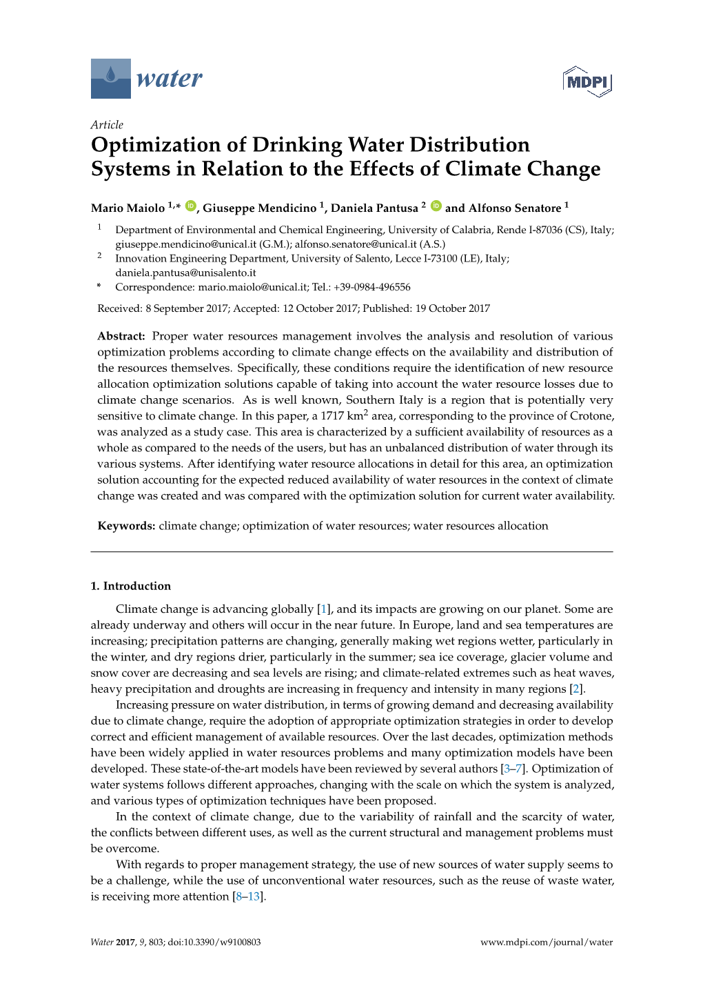 Optimization of Drinking Water Distribution Systems in Relation to the Effects of Climate Change