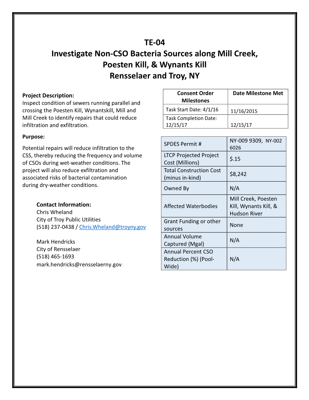 TE-04 Investigate Non-CSO Bacteria Sources Along Mill Creek, Poesten Kill, & Wynants Kill Rensselaer and Troy, NY