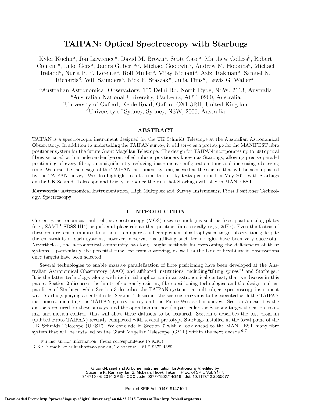 TAIPAN: Optical Spectroscopy with Starbugs