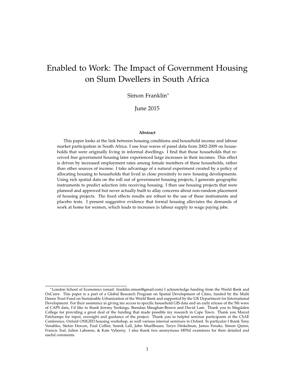 Enabled to Work: the Impact of Government Housing on Slum Dwellers in South Africa
