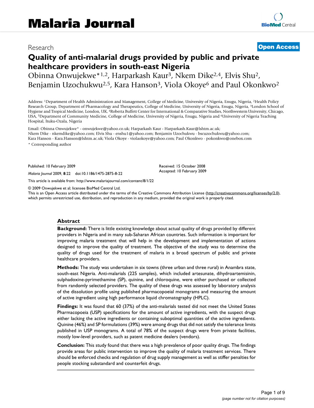 Quality of Anti-Malarial Drugs Provided by Public and Private Healthcare