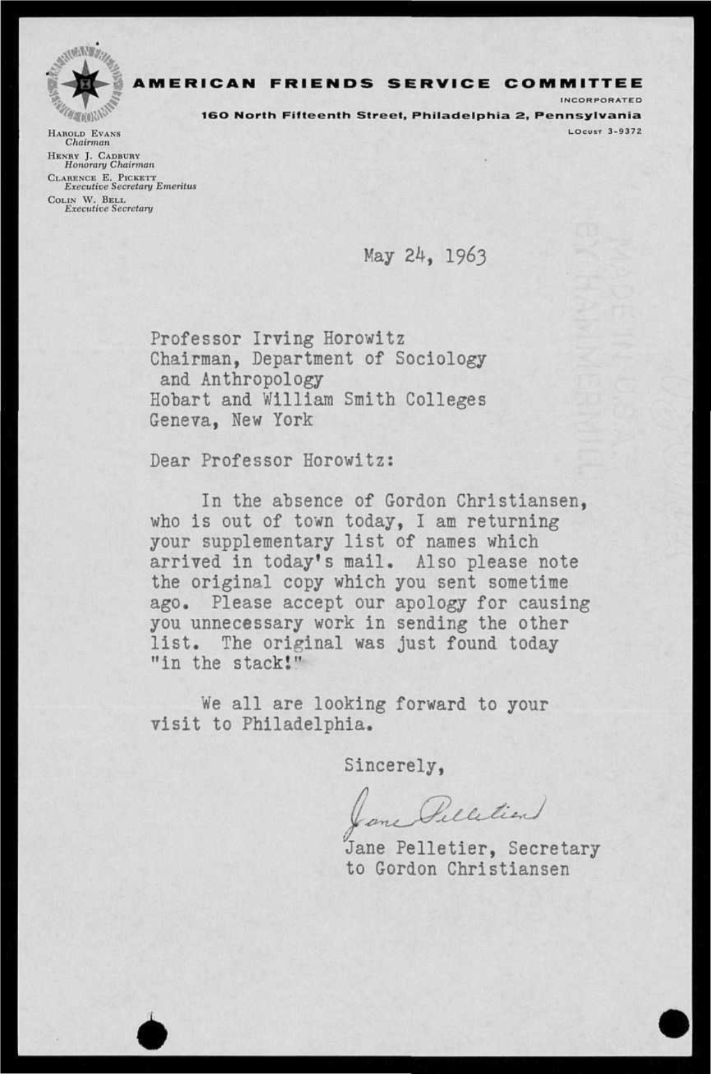 May 24, 1963 Professor Irving Horowitz Chairman, Department Of