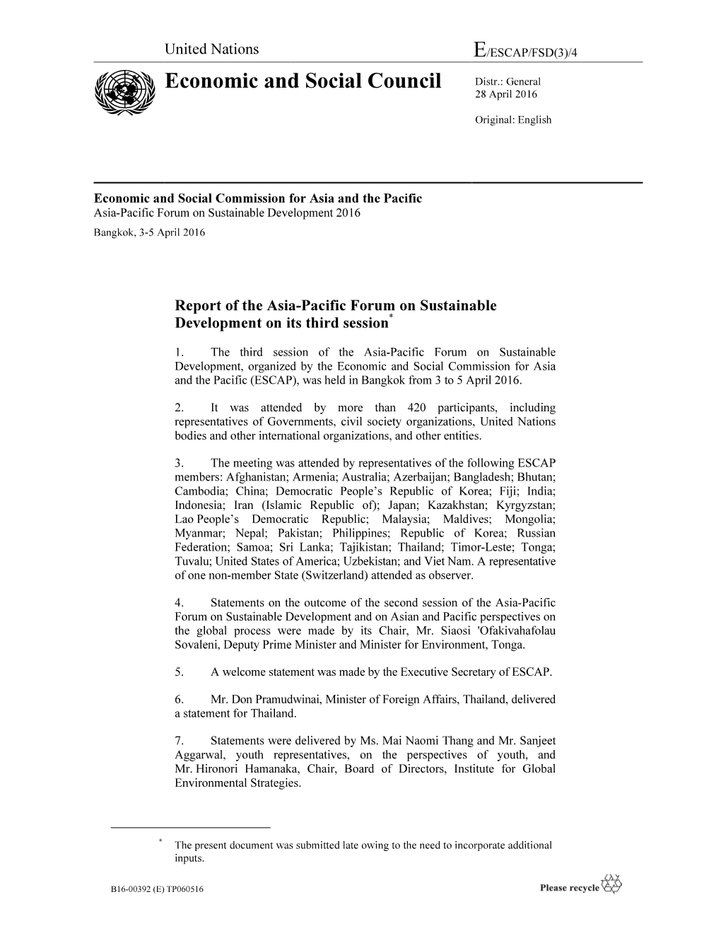 Report of the Asia-Pacific Forum on Sustainable Development on Its Third Session