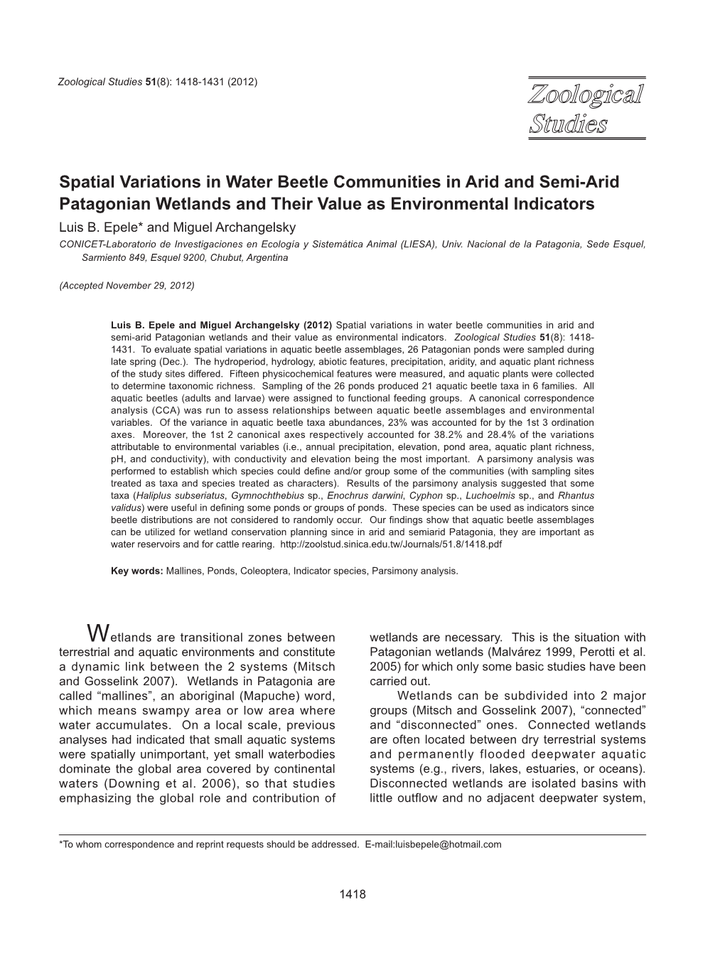 Spatial Variations in Water Beetle Communities in Arid and Semi-Arid Patagonian Wetlands and Their Value As Environmental Indicators Luis B