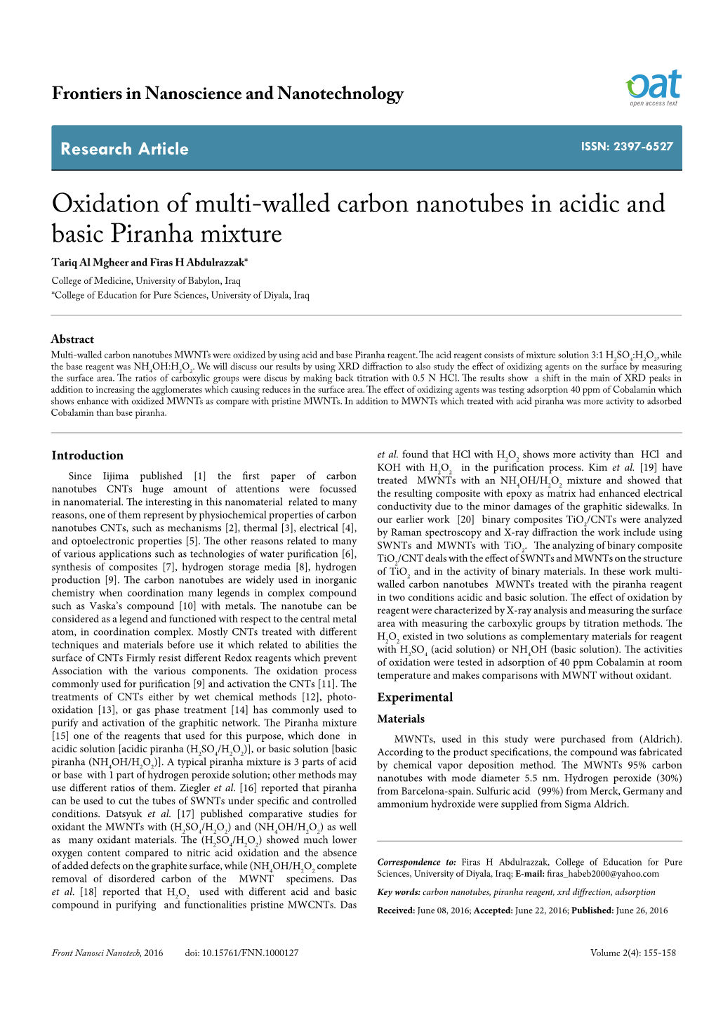 Oxidation of Multi-Walled Carbon Nanotubes in Acidic and Basic