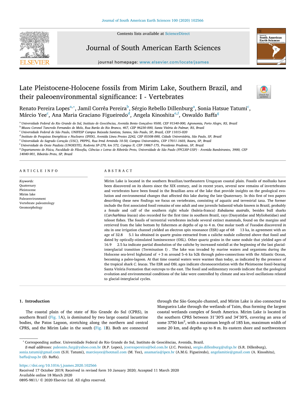 Late Pleistocene-Holocene Fossils from Mirim Lake, Southern Brazil