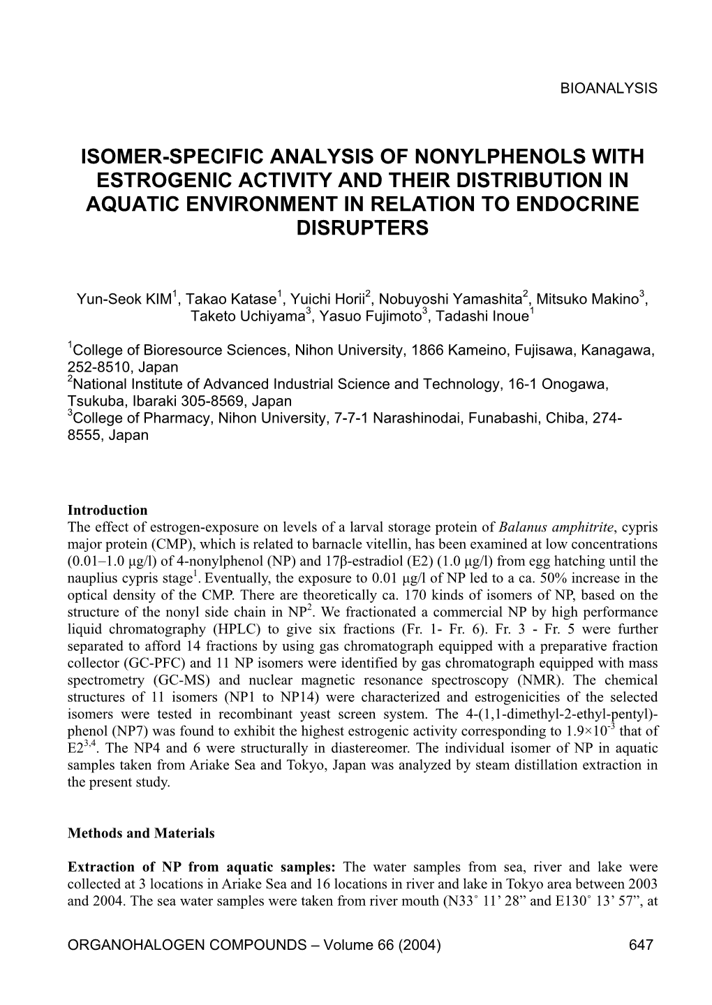 Isomer-Specific Analysis of Nonylphenols with Estrogenic Activity and Their Distribution in Aquatic Environment in Relation to Endocrine Disrupters