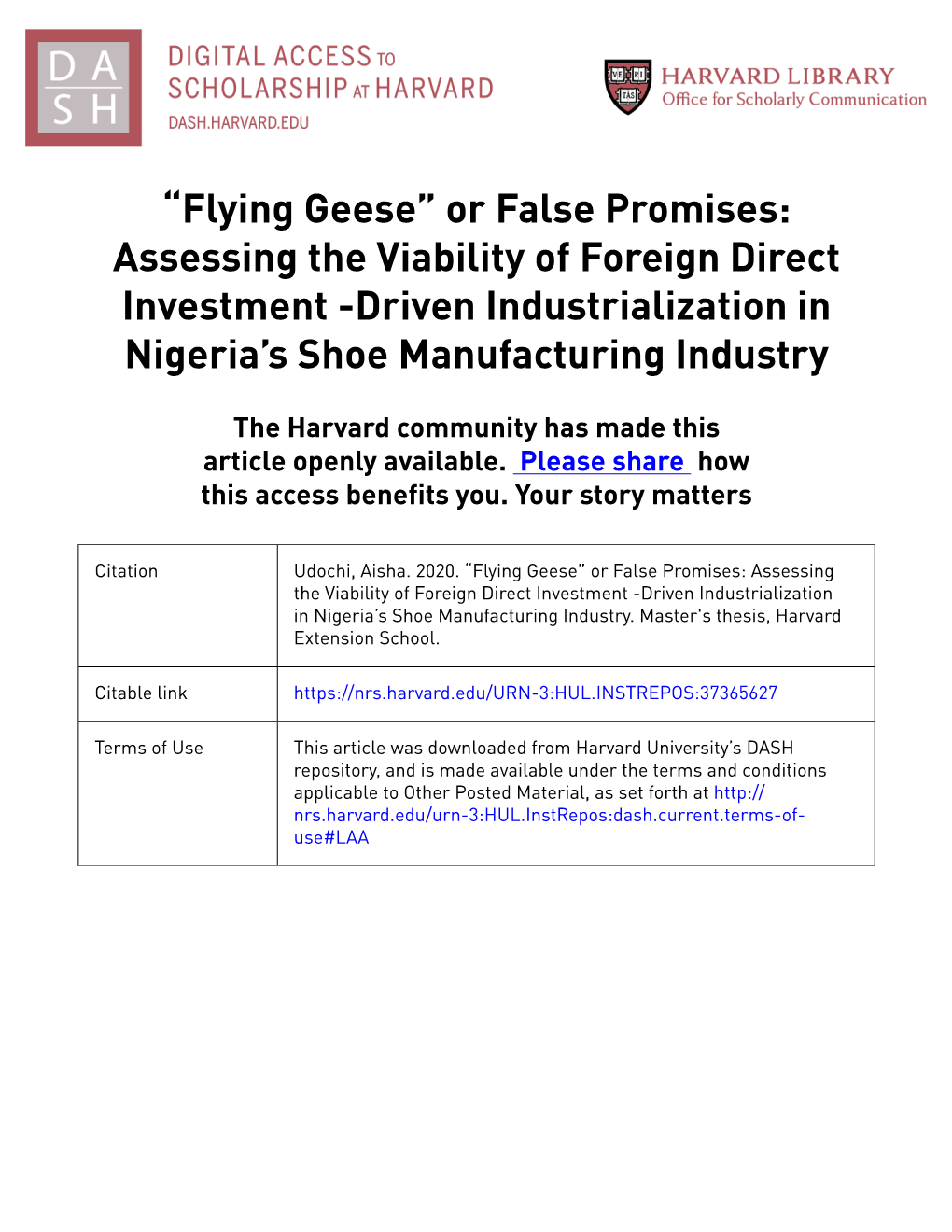 Flying Geese” Or False Promises: Assessing the Viability of Foreign Direct Investment -Driven Industrialization in Nigeria’S Shoe Manufacturing Industry
