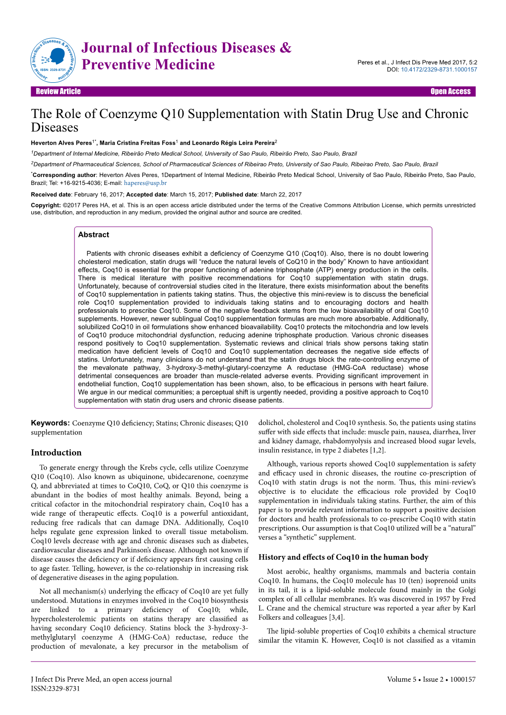 The Role of Coenzyme Q10 Supplementation with Statin Drug Use and Chronic Diseases