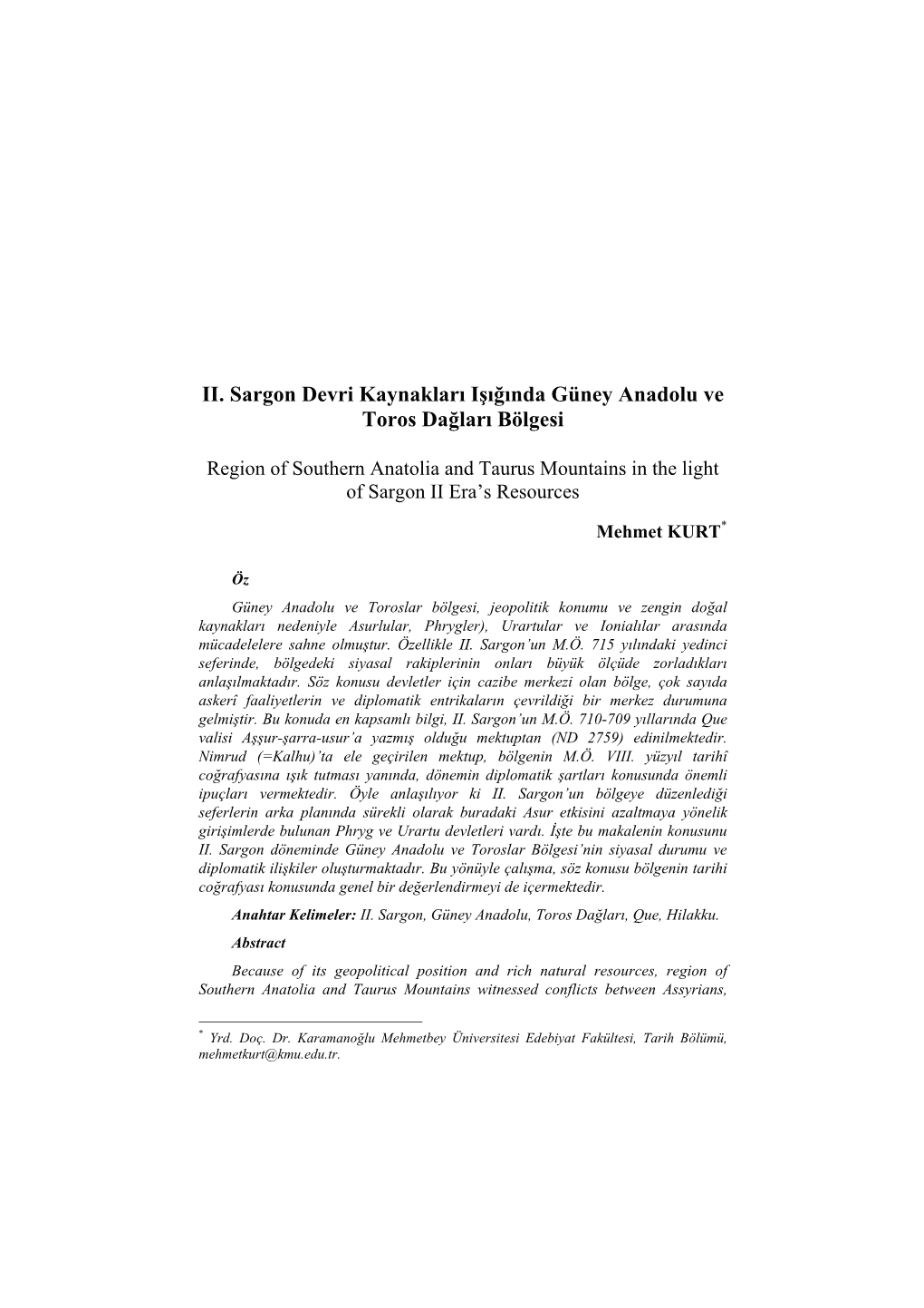 II. Sargon Devri Kaynakları Işığında Güney Anadolu Ve Toros Dağları Bölgesi