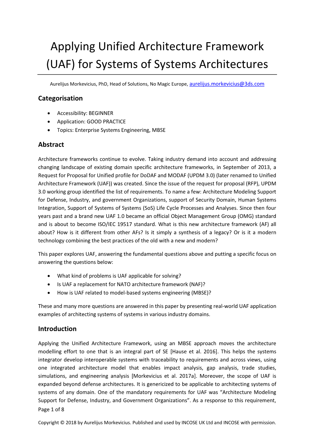 Applying Unified Architecture Framework (UAF) for Systems of Systems Architectures