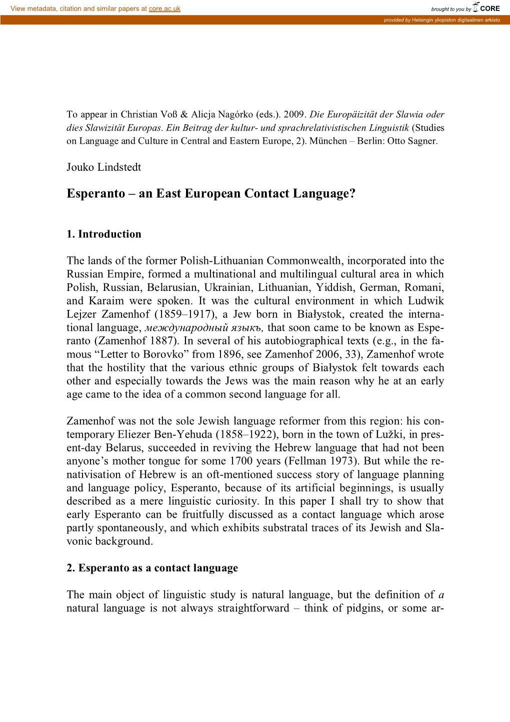 Esperanto – an East European Contact Language?