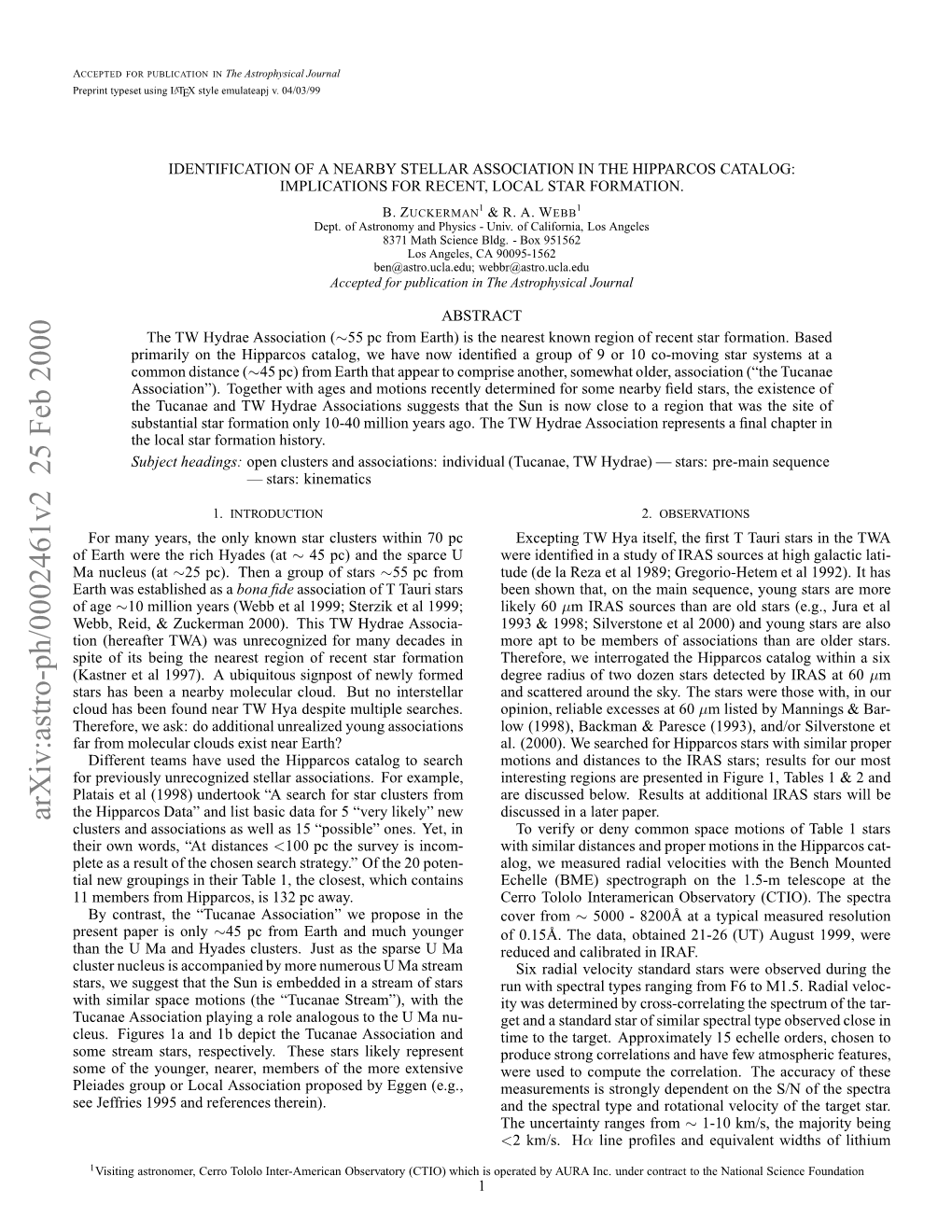 Arxiv:Astro-Ph/0002461V2 25 Feb 2000