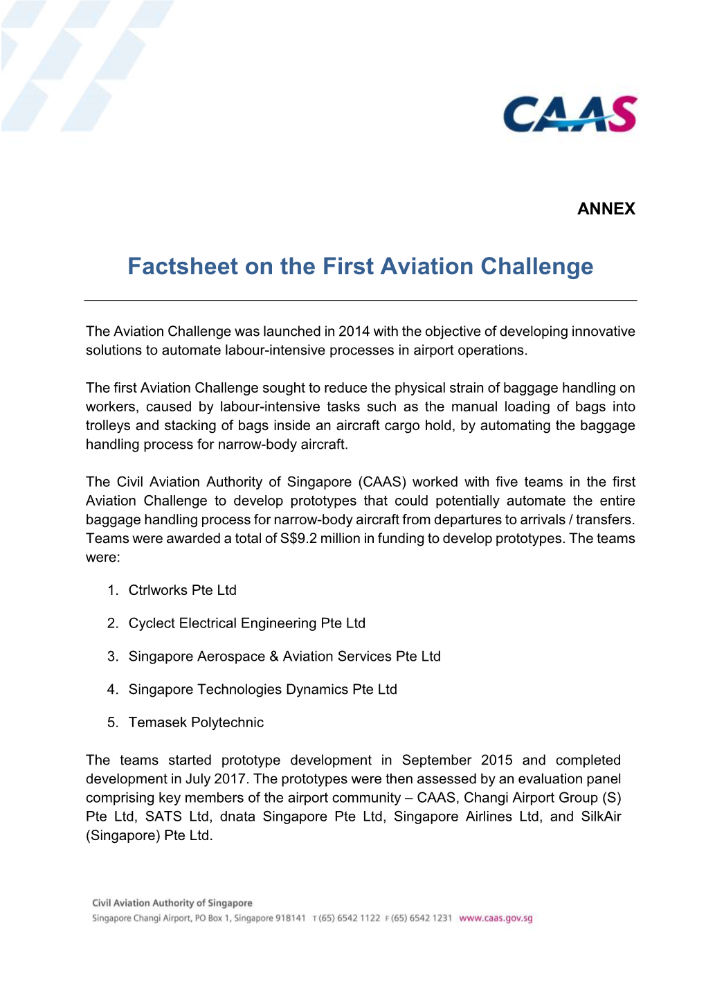 Factsheet on the First Aviation Challenge
