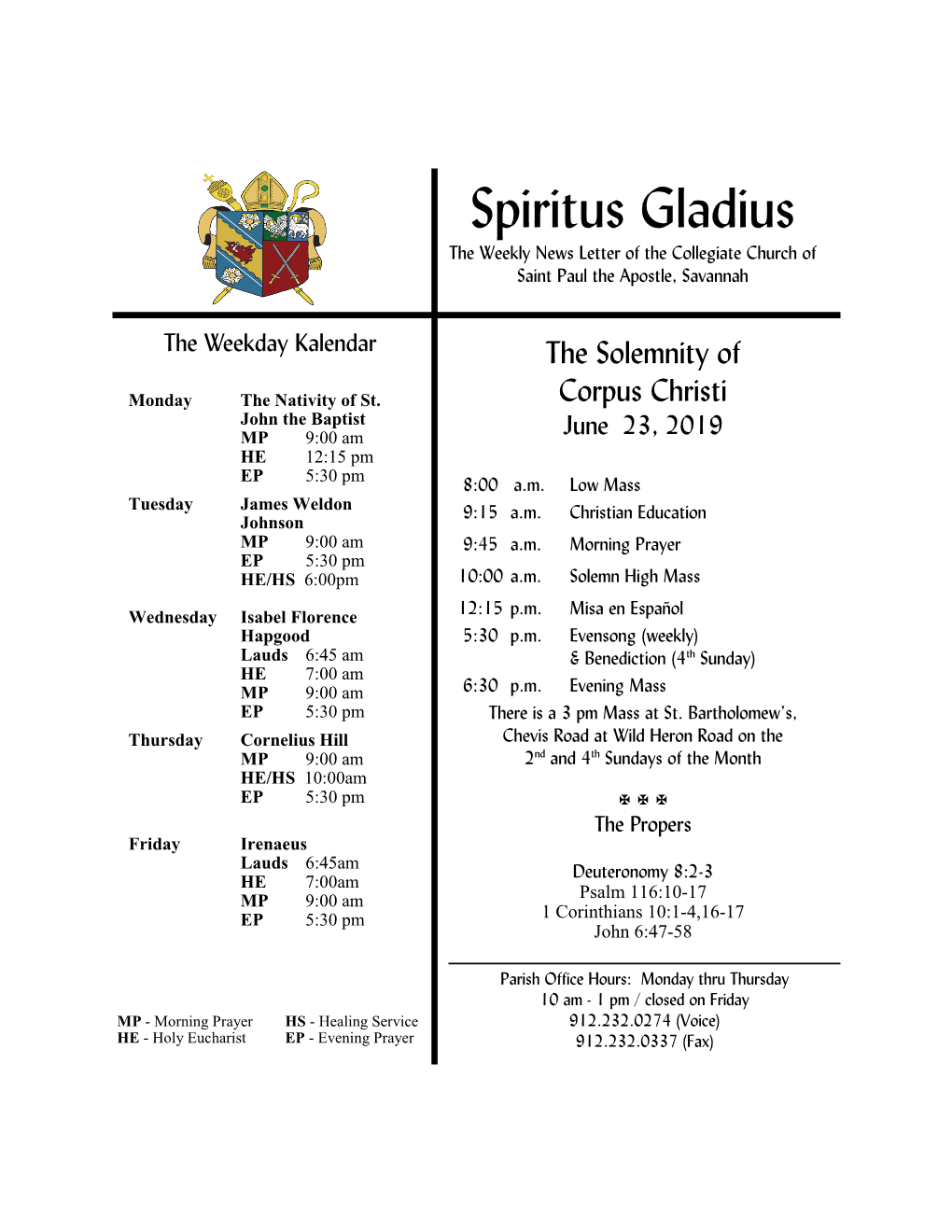 Spiritus Gladius the Weekly News Letter of the Collegiate Church of Saint Paul the Apostle, Savannah