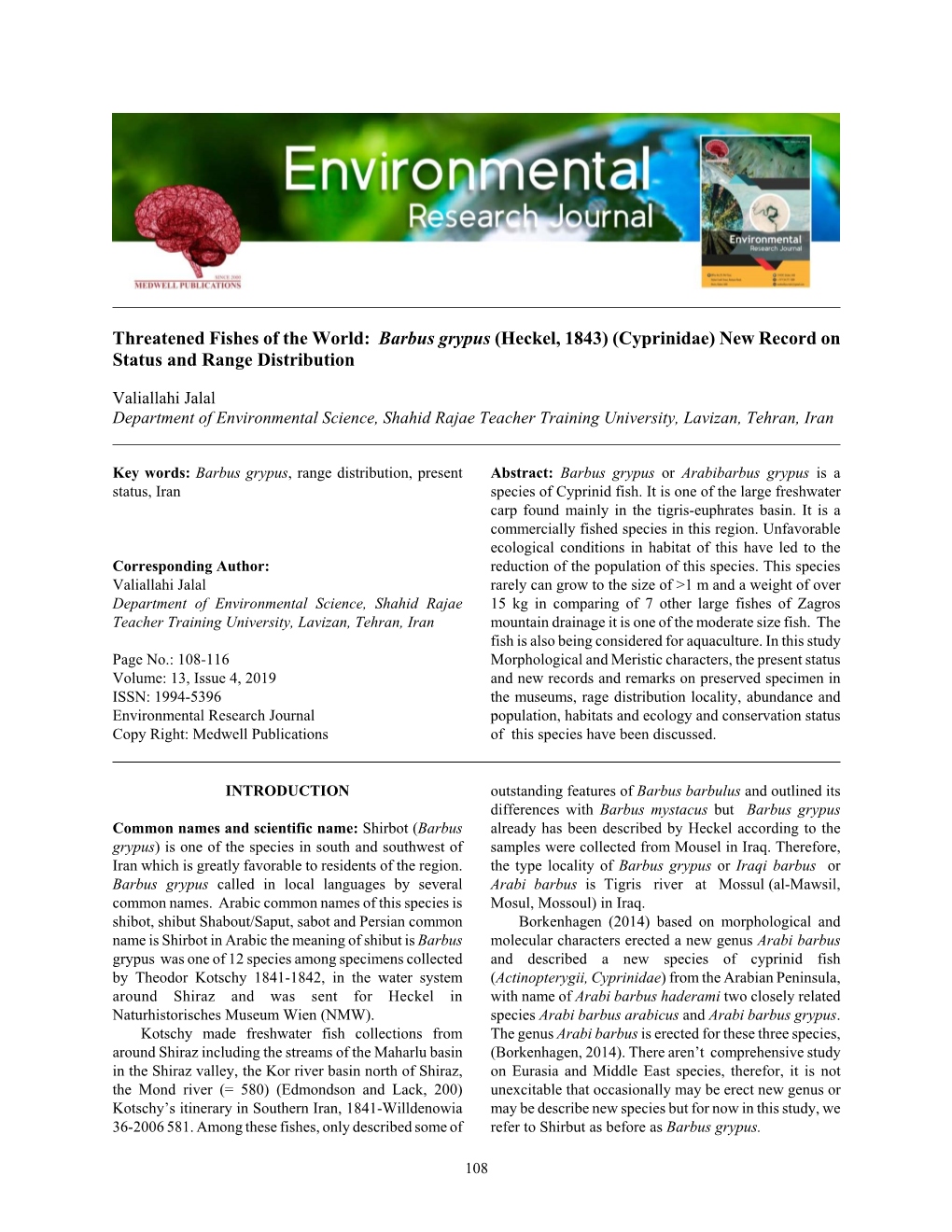 Threatened Fishes of the World: Barbus Grypus (Heckel, 1843) (Cyprinidae) New Record on Status and Range Distribution