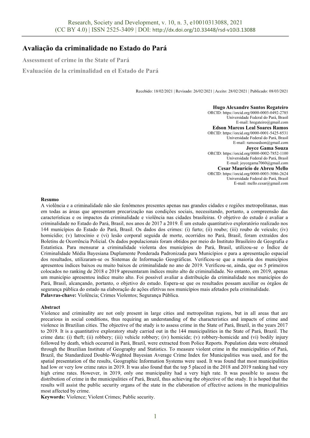 Avaliação Da Criminalidade No Estado Do Pará Assessment of Crime in the State of Pará Evaluación De La Criminalidad En El Estado De Pará