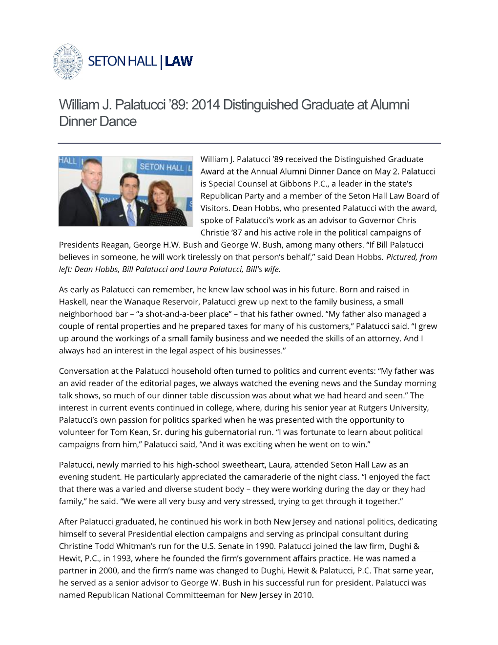 William J. Palatucci ’89: 2014 Distinguished Graduate at Alumni Dinner Dance