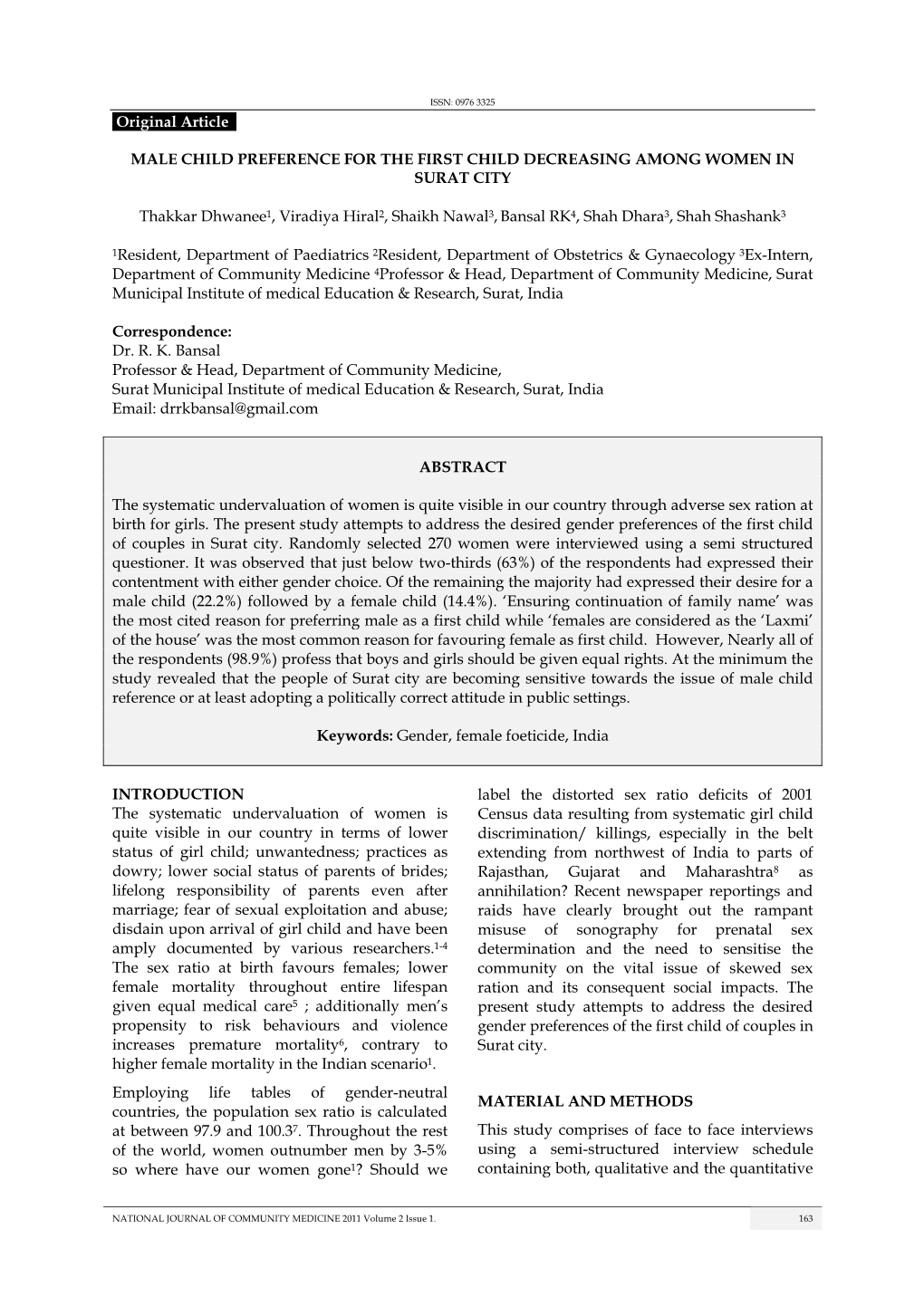 Original Article . MALE CHILD PREFERENCE for the FIRST CHILD DECREASING AMONG WOMEN in SURAT CITY Thakkar Dhwanee1, Viradiya