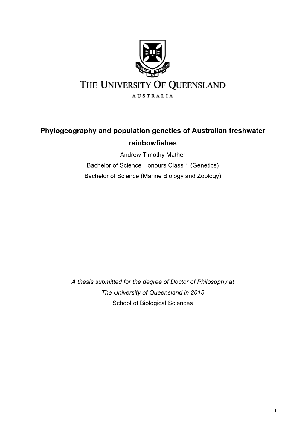 Phylogeography and Population Genetics of Australian Freshwater Rainbowfishes