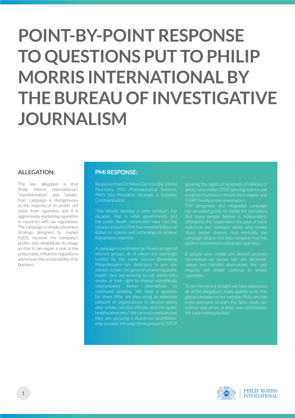 Point-By-Point Response to Questions Put to Philip Morris International by the Bureau of Investigative Journalism