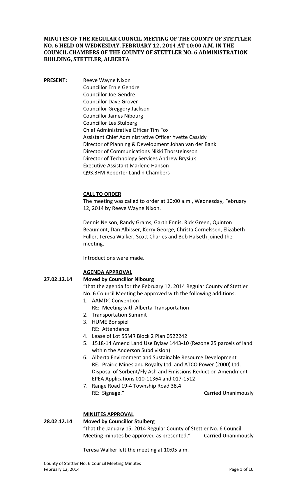 Minutes of the Regular County Council Meeting of the County Of