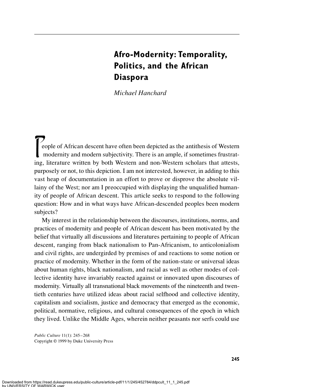 Afro-Modernity: Temporality, Politics, and the African Diaspora