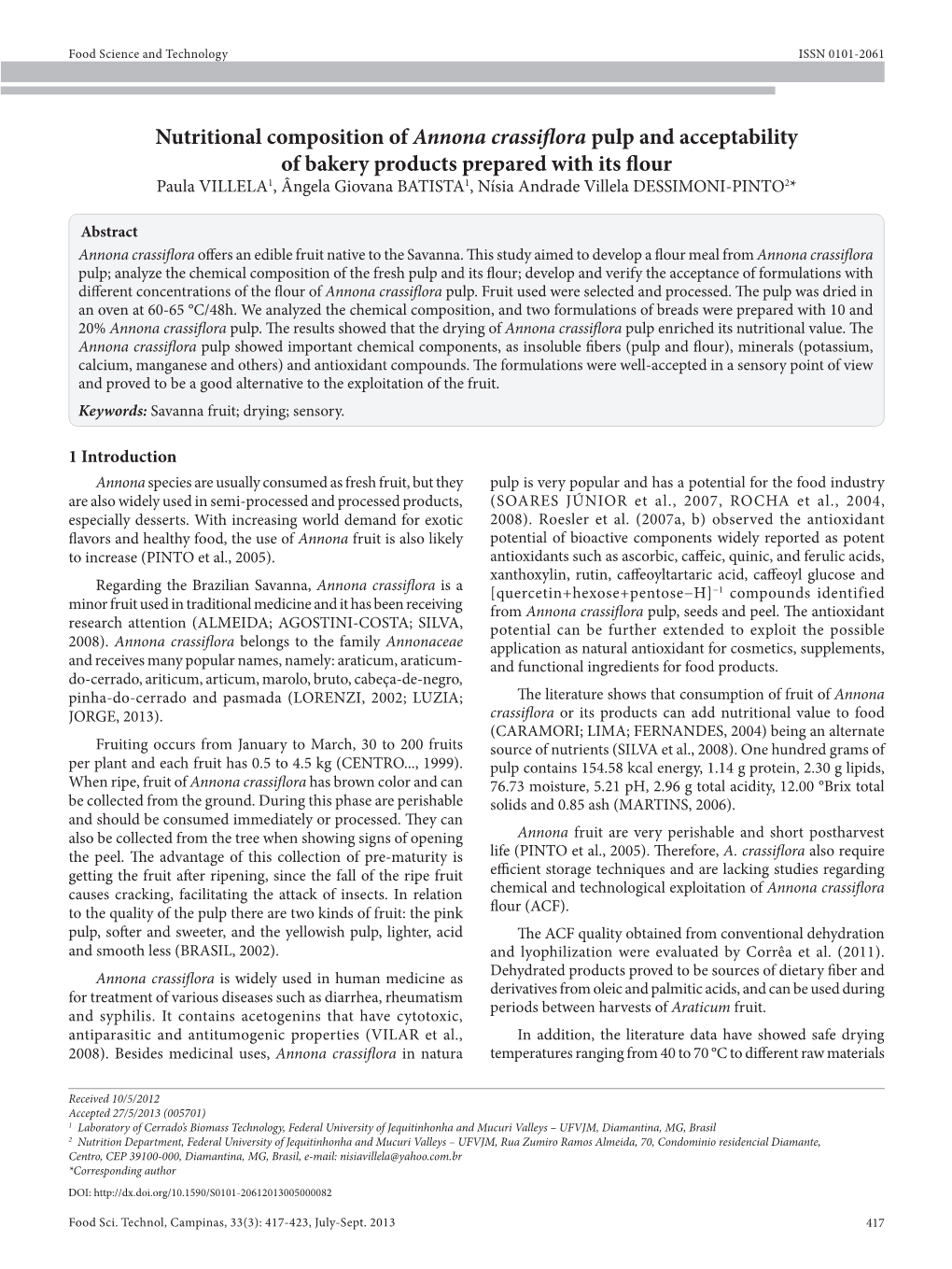 Nutritional Composition of Annona Crassiflora Pulp and Acceptability of Bakery Products Prepared with Its Flour