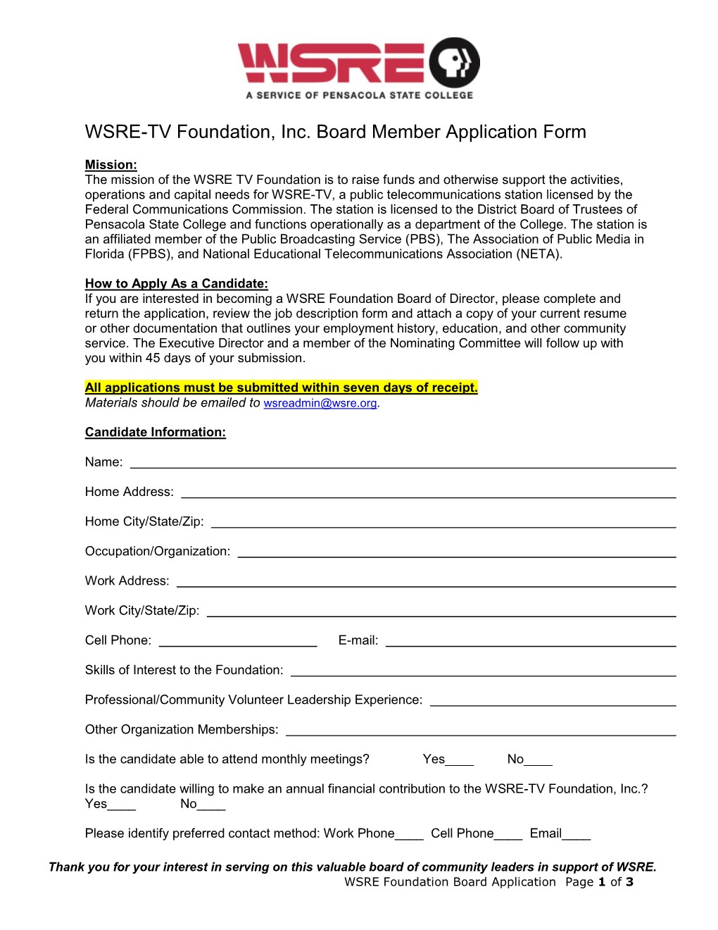 WSRE TV Foundation Board Application