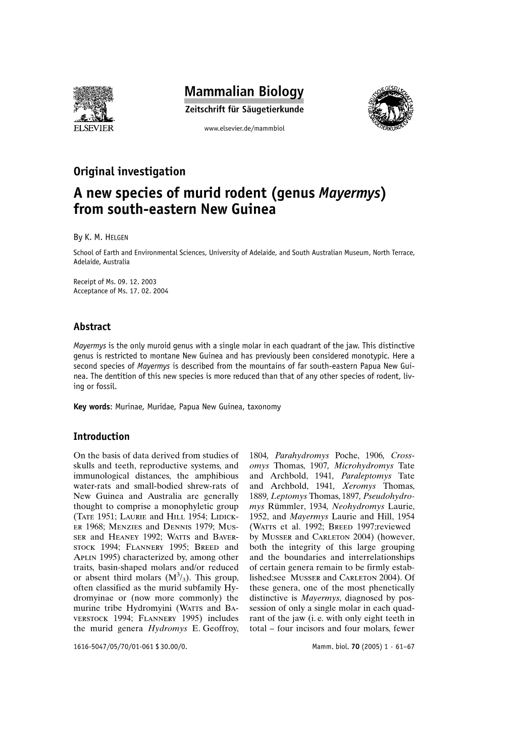 A New Species of Murid Rodent (Genus Mayermys) from South-Eastern New Guinea