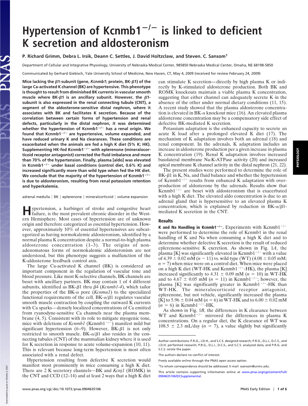 Hypertension of Kcnmb1 Is Linked to Deficient K Secretion and Aldosteronism