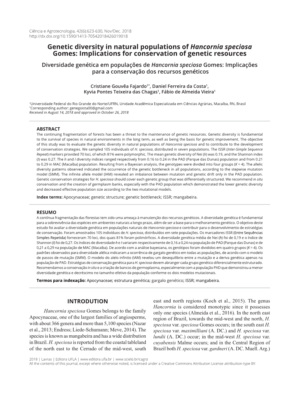 Genetic Diversity in Natural Populations of Hancornia